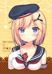  absurdres beret between_breasts blonde_hair blue_eyes blush breasts cleavage closed_mouth collarbone commentary_request dated english_text eyebrows female gift gift_between_breasts gloves hair_ornament hairclip hat highres looking_at_viewer medium_breasts sailor_collar sailor_shirt shenbei_xiaoqiu shirt short_hair smile solo sweatdrop upper_body warship_girls_r white_gloves white_shirt yorktown_(warship_girls_r) 