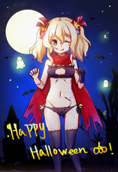  ;p alternate_costume animal_band_panties bat_(animal) black_gloves black_thighhighs blonde_hair blue_eyes breasts candy cleavage_cutout clothing_cutout commentary_request cowboy_shot english_text female food food-themed_hair_ornament ghost gloves glowworm_(warship_girls_r) hair_between_eyes hair_ornament hair_ribbon halloween highres lingerie looking_at_viewer moon navel neet_cangshu night night_sky one_eye_closed panties pumpkin_cutout pumpkin_hair_ornament red_scarf ribbon scar scarf side-tie_panties single_glove sky small_breasts solo standing star_(symbol) star_hair_ornament text_focus thighhighs tongue tongue_out twintails underwear warship_girls_r 