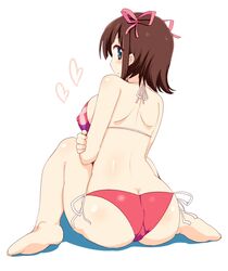  amami_haruka ass bad_feet bad_id bad_pixiv_id barefoot bikini breast_hold breasts brown_hair covered_nipples feet female floral_print from_behind full_body gravure_swimsuit_(idolmaster) green_eyes hair_ornament halterneck heart idolmaster idolmaster_(classic) large_breasts legs looking_back red_bikini short_hair side-tie_bikini_bottom simple_background sitting solo string_bikini swimsuit trefoil wedge_(tyrl_stride) white_background 