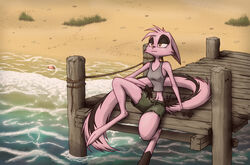  2015 anthro barefoot beach biped bottomwear breasts canid canine clothed clothing detailed_background dreamkeepers feet female fur gloves_(marking) hair half-closed_eyes long_tail mammal markings midriff narrowed_eyes navel orange_eyes outside pier pink_body pink_fur pink_hair s-t-r-i-k-e-r sand seashell seaside shell shirt shorts sitting solo striped_markings striped_tail stripes tail tail_markings tank_top topwear viriathus_vayu water 