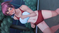  akizuki_akira blue_eyes blush breath brown_hair dutch_angle female game_cg kurohara_yuu long_hair midriff moshi_mo_youmuin_no_ojisan_ga_saimin_wo_oboetara night open_mouth ponytail running solo sportswear sweat tan tanlines 