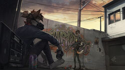  4_toes 5_fingers anthro barefoot black_bottomwear black_clothing boombox bottomwear brown_hair can canid canine canis carrying_another claws clothed clothing container day denim denim_bottomwear denim_clothing detailed detailed_background digital_media_(artwork) digitigrade electronics feet fingers fully_clothed fur gas_mask graffiti grey_body grey_fur group hair holding_object jeans male mammal mask on_shoulders orange_body orange_fur outside paint pants pattern_clothing pattern_topwear poster radio rolled_up_sleeves shaded short_hair sitting sky spray_paint standing striped_clothing striped_topwear stripes teamwork toes topwear urban utility_pole vandalism wildering wolf 