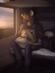  3:4 anthro banzay barefoot canid canine canis closed_eyes clothed clothing duo feet female fur hair hyena inside_train koul koul_fardreamer lying male mammal on_lap on_pillow pillow public_transportation romantic romantic_couple sitting sleeping spotted_hyena train vehicle wolf 