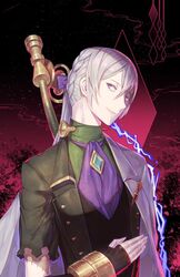  1boy amatari_sukuzakki aristocratic_clothes blue_eyes braid commentary_request fingerless_gloves fire_emblem fire_emblem_fates fire_emblem_heroes gloves jakob_(fire_emblem) jakob_(halloween)_(fire_emblem) looking_at_viewer male_focus short_sleeves solo white_hair 