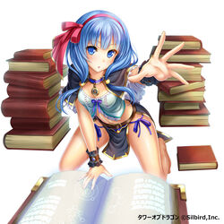  absurdres blue_eyes blue_hair book breasts cleavage commentary_request female hair_ornament hair_ribbon highres kneeling long_hair looking_at_viewer medium_breasts midriff navel purple_ribbon red_ribbon ribbon simple_background solo tower_of_dragon violetshit white_background wrist_cuffs 