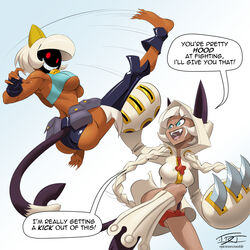  2girls animal_ears animal_hands animal_hood barefoot battle black_panties blazblue blonde_hair blue_eyes blunt_bangs bob_cut breasts cat_ears cat_tail claw_(weapon) cosplay costume_switch crop_top crossover dark-skinned_female dark_skin detached_leggings english_text eric_toner fangs fingerless_gloves flying_kick gloves highres hood kicking large_breasts mask ms._fortune_(skullgirls) ms._fortune_(skullgirls)_(cosplay) multiple_girls panties paw_gloves photoshop_(medium) pun red_eyes red_panties sharp_teeth short_hair skullgirls tail taokaka taokaka_(cosplay) teeth trait_connection underboob underwear weapon white_hair 