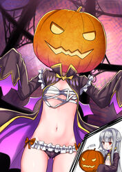  ass_visible_through_thighs bandages bikini bikini_bottom_only black_coat blunt_bangs blush bow bow_bikini breath cloak coat commentary_request cowboy_shot female flat_chest food frilled_bikini frills grey_hair groin half_updo halloween halloween_costume hands_up highres holding holding_food holding_pumpkin holding_vegetable jack-o&#039;-lantern jack-o&#039;-lantern_head long_hair looking_at_viewer multiple_views navel open_clothes open_coat original parted_lips puff_of_air pumpkin pumpkin_on_head red_eyes sarashi sidelocks sigh sleeves_past_fingers sleeves_past_wrists standing sweatdrop swimsuit templus undone_sarashi unworn_headwear vegetable wide_sleeves 