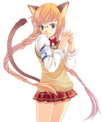  animal_ears armband blonde_hair bow bowtie braid brown_eyes cat_ears cat_tail closed_mouth cowboy_shot female floating_hair glasses highres interlocked_fingers light_smile long_hair long_sleeves miniskirt original photoshop_(medium) plaid plaid_skirt red_bow red_skirt school_uniform skirt sleeves_rolled_up solo sweater_vest tail takigawa_yuu twin_braids very_long_hair 