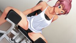  akizuki_akira bandeau blue_eyes brown_hair collarbone dutch_angle exercising female game_cg kurohara_yuu looking_down moshi_mo_youmuin_no_ojisan_ga_saimin_wo_oboetara ponytail solo sportswear spread_legs tan tank_top tanlines 