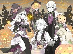  3boys alicest0113 aristocratic_clothes bad_id bad_twitter_id corrin_(female)_(fire_emblem) corrin_(female)_(halloween)_(fire_emblem) corrin_(fire_emblem) cup dwyer_(fire_emblem) father_and_son female fingerless_gloves fire_emblem fire_emblem_fates fire_emblem_heroes gloves hat jack-o&#039;-lantern jakob_(fire_emblem) jakob_(halloween)_(fire_emblem) kana_(fire_emblem) kana_(male)_(fire_emblem) long_hair looking_at_viewer mother_and_son multiple_boys ponytail smile teacup teapot white_hair witch_hat 