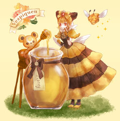  bad_id bad_pixiv_id black_bow black_legwear blonde_hair bow byuura_(sonofelice) chair character_name combee dress female finger_to_mouth full_body gloves grass hairbow headpiece high_chair honey honey_dipper honeypot personification pokemon pokemon_(creature) red_eyes shoes standing striped_clothes striped_dress teddiursa vespiquen yellow_dress yellow_footwear yellow_gloves 