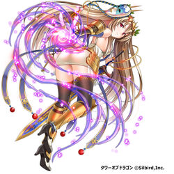  absurdres black_thighhighs blue_eyes breasts brown_hair commentary_request female hair_ornament highres holding holding_sword holding_weapon long_hair looking_at_viewer magic medium_breasts sideboob simple_background smile solo sword thighhighs tower_of_dragon violetshit weapon white_background 