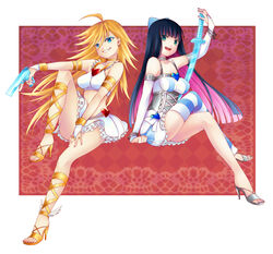  2girls bad_id bad_pixiv_id blonde_hair blue_eyes bridal_gauntlets corset crossed_legs dress gladiator_sandals high_heels highres long_hair momoyama_nozomu multicolored_hair multiple_girls panty_&amp;_stocking_with_garterbelt panty_(psg) sandals shoes siblings sisters sitting skirt stocking_(psg) strappy_heels striped striped_leggings thighhighs two-tone_hair white_dress white_skirt winged_footwear 