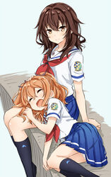  2girls abe_kanari badge blue_legwear blue_skirt brown_eyes brown_hair commentary_request drooling hand_on_another&#039;s_head high_school_fleet kneehighs kuroki_hiromi lap_pillow long_hair looking_at_viewer lying multiple_girls neckerchief on_side orange_hair photoshop_(medium) pleated_skirt saliva school_uniform serafuku short_hair short_sleeves skirt sleeping socks twintails two_side_up yanagiwara_maron yokosuka_girls_marine_high_school_uniform 