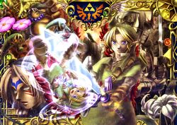  3boys alternate_form belt blonde_hair blue_eyes commentary_request earrings fierce_deity flower framed gloves goron hat hero&#039;s_shade holding holding_sword holding_weapon instrument jewelry left-handed link mask master_sword multiple_boys multiple_persona ocarina pointy_ears smile suzumiya_misa sword the_legend_of_zelda the_legend_of_zelda:_majora&#039;s_mask the_legend_of_zelda:_twilight_princess triforce weapon wolf_link young_link zora 