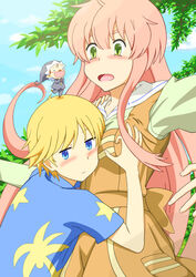  2boys :d blonde_hair blue_eyes blush commentary_request fairy_(jintai) female green_eyes groping highres ideaseed jinrui_wa_suitai_shimashita joshu-san multiple_boys open_mouth pink_hair smile watashi_(jintai) 