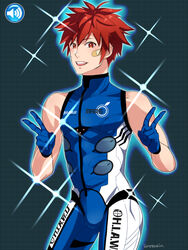  1boy araya_hajime bandaid bandaid_on_face blue_gloves bodysuit commentary_request contrapposto cowboy_shot double_v fake_screenshot gloves inui_asahi male_focus pilot_suit red_hair signature sleeveless sleeveless_bodysuit smile solo sparkle standing super_robot_wars super_robot_wars_x-omega turtleneck v 