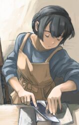  akai_sashimi apron black_hair commentary_request female hairband highres knife looking_down original sharpening short_hair sleeves_pushed_up solo whetstone 