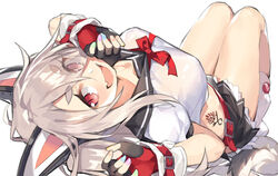  aemochi azur_lane bad_id bad_pixiv_id black_gloves black_skirt blush breasts commentary_request female fingerless_gloves gloves grey_hair legs_together long_hair looking_at_viewer mechanical_ears medium_breasts midriff oerba_yun_fang open_mouth red_eyes school_uniform serafuku simple_background skirt smile solo tattoo thick_eyebrows thighs white_background yuudachi_(azur_lane) 