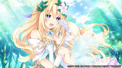  2girls blonde_hair blue_eyes blush bouquet_(neptunia) breast_smother breasts cleavage dress face_to_breasts fairy_wings forest grabbing grabbing_another&#039;s_breast green_eyes heart heart-shaped_pupils large_breasts long_hair multiple_girls nature neptune_(series) official_art open_mouth smile symbol-shaped_pupils tsunako vert_(neptunia) very_long_hair wings yuri 