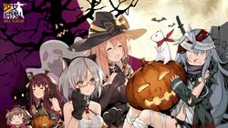  +_+ 5girls :3 animal_ears black_bow black_hat blush bow breasts brown_hair cat_ears cleavage closed_eyes closed_mouth commentary_request copyright_name fake_animal_ears g11_(girls&#039;_frontline) g11_(neet_zombie)_(girls&#039;_frontline) ghost girls&#039;_frontline glasses grey_hair hairband halloween halloween_costume hat hat_bow highres jack-o&#039;-lantern knife large_breasts long_hair mk23_(girls&#039;_frontline) mk23_(impish_sweetheart)_(girls&#039;_frontline) moon multiple_girls official_alternate_costume official_art open_mouth pumpkin semi-rimless_eyewear short_hair sitting smile springfield_(classic_witch)_(girls&#039;_frontline) springfield_(girls&#039;_frontline) suisai_(suisao) tombstone vector_(girls&#039;_frontline) vector_(kitty_paws)_(girls&#039;_frontline) wa2000_(girls&#039;_frontline) wa2000_(haunted_castle)_(girls&#039;_frontline) witch_hat yellow_eyes 