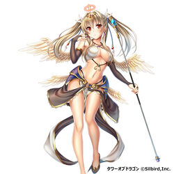  absurdres bare_legs blonde_hair blush breasts bridal_gauntlets cleavage commentary_request earrings feathered_wings female highres jewelry large_breasts long_hair looking_at_viewer navel original red_eyes simple_background solo staff tower_of_dragon twintails underboob violetshit white_background white_legwear white_wings wings 