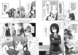  2boys 3girls aoki_yoshifumi blazer cuteg dress_shirt greyscale inaba_himeko jacket kiriyama_yui kokoro_connect monochrome multiple_boys multiple_girls nagase_iori official_art plaid plaid_skirt pleated_skirt school_uniform shirt skirt sweater translation_request yaegashi_taichi yamaboshi_private_high_school_uniform 