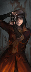  batman_(series) black_hair cabbie_hat camera coat commentary dc_comics english_commentary fallout_(series) fallout_4 female fingerless_gloves gloves hat highres holding holding_camera lips penett photoshop_(medium) piper_wright scarf short_hair smile solo stain the_killing_joke wall western_comics_(style) 