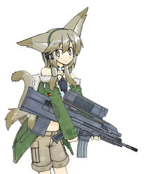  animal_ears brown_shorts cat_ears commentary_request female german_flag gun headphones jacket meijou_inurou microphone military military_uniform original shorts smile solo tail uniform weapon xm29_oicw 