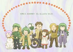  3boys 4girls androgynous animal artist_request black_eyes black_hair canine dress everyone expressionless glasses green_eyes gun hermes kino kino_no_tabi long_coat long_hair master_(kino_no_tabi) md5_mismatch multiple_boys multiple_girls partner_(kino_no_tabi) revolver shizu short_hair smile sword tagme vehicle weapon white_hair 