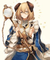  1boy androgynous animal_ears asuda bad_id bad_twitter_id blonde_hair blue_eyes blush cat_ears ceylan chains ears_down erune granblue_fantasy heart holding long_hair long_sleeves magnifying_glass male_focus monocle sleeves_past_wrists smile solo tareme 