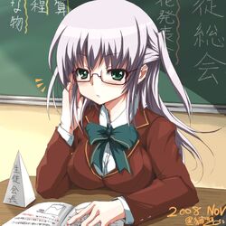  blazer blush breast_rest breasts chalkboard commentary_request dated female glasses green_eyes half_updo jacket kuronekogata large_breasts long_hair original school_uniform silver_hair solo 