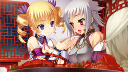  2girls architecture arm_cuffs armor bare_shoulders bed bedroom blonde_hair blue_eyes blush bow breastplate breasts buttons chinese_clothes chopsticks cleavage cleavage_cutout clothing_cutout curtains drill_hair east_asian_architecture eating eye_contact eyebrows feeding food frills gakushin game_cg gold hair_ornament head_tilt high_collar holding indoors kantaka katagiri_hinata koihime_enbu koihime_musou lattice lobster lobster_claw looking_at_another medium_breasts multiple_girls night non-web_source open_mouth pillow pink_ribbon plate purple_eyes purple_ribbon ribbon ribbon_trim scar scar_across_eye scar_on_face short_hair sleeveless small_breasts smile sousou_(koihime_musou) tongue twin_drills twintails upper_body vegetable wall white_hair window wrist_cuffs 