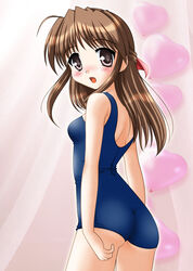  blush brown_eyes brown_hair commentary_request female fujieda_honami long_hair neopure one-piece_swimsuit photoshop_(medium) school_swimsuit solo swimsuit tsuki_wa_higashi_ni_hi_wa_nishi_ni 