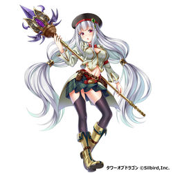  absurdres black_thighhighs breasts cleavage commentary_request earrings female garter_straps green_skirt hat highres holding holding_weapon jewelry long_hair looking_at_viewer medium_breasts midriff navel pleated_skirt red_eyes silver_hair simple_background skirt solo staff thighhighs tower_of_dragon violetshit weapon white_background 