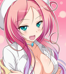  :d aqua_eyes breast_hold breasts choker cleavage commentary_request crossed_arms dra+koi female green_eyes heroine_(dra+koi) medium_breasts naughty_face no_bra oerba_yun_fang open_clothes open_mouth open_shirt pink_hair shirt slit_pupils smile solo unbuttoned violetshit 