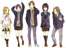  2boys 3girls aoki_yoshifumi black_eyes black_hair black_skirt black_sweater blazer blonde_hair blue_jacket bow bowtie brown_eyes brown_hair closed_eyes dress_shirt green_hair hair_between_eyes horiguchi_yukiko inaba_himeko jacket kiriyama_yui kokoro_connect mole mole_under_mouth multiple_boys multiple_girls nagase_iori necktie one_eye_closed plaid plaid_skirt pleated_skirt ponytail purple_hair school_uniform shirt simple_background skirt smile sweater tongue white_shirt yaegashi_taichi yamaboshi_private_high_school_uniform 