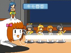  5girls :d amami_haruka blunt_bangs brown_hair commentary_request creature dress ganaha_hibiki hagiwara_yukiho hoshii_miki idolmaster idolmaster_(classic) kikuchi_makoto kisaragi_chihaya long_sleeves lowres multiple_girls open_mouth pixel_art sitting smile straddling table white_dress yoshihiko_(eris0424) 