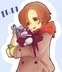  :d aged_down birthday blush box coat commentary_request dated female gift gift_box heart keikou_midori_(753064) long_sleeves mark_sieben open_mouth orange_hair outline scarf short_hair smile solo soukyuu_no_fafner stuffed_toy toomi_maya yellow_eyes 