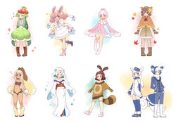  1boy 6+girls animal_ears blue_footwear blue_gloves blue_hat boots bow brown_eyes brown_footwear brown_hair cat_tail commentary_request deerling deerling_(winter) dress flower_hat forehead_jewel frillish frillish_(female) froslass gloves gunuko hairband hairbow hat highres humanization japanese_clothes kimono kneehighs leaf lilligant lopunny meowstic meowstic_(female) meowstic_(male) midriff mittens multiple_girls open_mouth personification pink_footwear pink_gloves pink_hair pokemon raccoon_tail red_eyes ribbon scrunchie see-through sentret shoes skirt sneakers socks sweater sylveon tail tan underwear white_footwear white_hair white_legwear wrist_scrunchie 