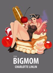  alone ass big_mom black_background breasts charlotte_linlin cherry cupcake dress female female hat heels high_heels hips holding large_breasts lipstick nail_polish one_piece pink_hair red_nails sitting sweets thighs 