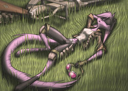  2015 anthro biped breasts canid canine closed_eyes clothed clothing digitigrade dreamkeepers eyewear female fur gloves goggles grass gun hair handwear knee_pads long_tail lying mammal markings on_back open_mouth pink_body pink_fur pink_hair plant ranged_weapon s-t-r-i-k-e-r sleeping solo striped_markings striped_tail stripes tail tail_markings viriathus_vayu weapon 