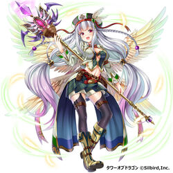  absurdres black_thighhighs breasts cleavage commentary_request earrings feathered_wings female garter_straps green_skirt hat highres holding holding_weapon jewelry long_hair looking_at_viewer medium_breasts midriff navel pleated_skirt red_eyes silver_hair simple_background skirt solo staff thighhighs tower_of_dragon violetshit weapon white_background wings 