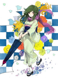  bad_id bad_pixiv_id bird checkered chrysanthemum female flower geta green_eyes japanese_clothes kimono long_hair nayuko oil-paper_umbrella original plover_(animal) red_eyes smile solo umbrella 