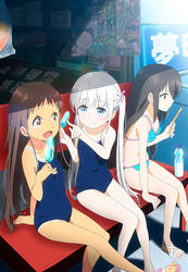  3girls :d adachi_tenka arm_support artist_request bench bikini black_hair blue_eyes blue_one-piece_swimsuit bottle breasts brown_eyes brown_hair cleavage competition_school_swimsuit eating food hair_ornament hairclip komako_semenovich leg_lift leg_up legs long_hair multiple_girls official_art one-piece_swimsuit one-piece_tan open_mouth pointing polka_dot polka_dot_bikini popsicle popsicle_stick sandals sayama_chie school_swimsuit shop shoujo_ramune sitting small_breasts smile storefront swimsuit tan tanlines twintails white_hair 