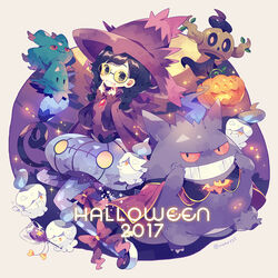  2017 black_eyes black_hair blue_legwear braid brooch candy cape chandelure character_request commentary_request cosplay drifloon female fingers_to_cheeks food gengar grin halloween hat jack-o&#039;-lantern jewelry leg_ribbon litwick lollipop long_hair long_sleeves looking_at_viewer mimikyu misdreavus misdreavus_(cosplay) mismagius mismagius_(cosplay) pantyhose phantump photoshop_(medium) platform_footwear pokemon pokemon_(creature) purple_cape purple_theme red_eyes ribbon round_eyewear skirt smile sparkle tinted_eyewear twin_braids twitter_username wavy_mouth witch_hat yellow-tinted_eyewear yumenouchi_chiharu |_| 