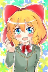  :d bad_id bad_pixiv_id blonde_hair blue_eyes blush bow bowtie curly_(jintai) female highres jinrui_wa_suitai_shimashita okuva open_hand open_mouth smile solo 