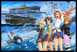  4girls a6m_zero aerial_battle ahoge aircraft aircraft_carrier airplane akagi_(aircraft_carrier) b5n battle battle_of_midway border commentary_request dogfight f4f_wildcat flag flying glasses goggles gyan_(akenosuisei) hat historical_event imperial_japanese_navy japanese_flag military military_uniform military_vehicle multiple_girls navy ocean original pilot propeller rising_sun_flag roundel sbd_dauntless ship shot_down sunburst tbd_devastator thighhighs uniform uss_enterprise_(cv-6) warship water watercraft world_war_ii zettai_ryouiki 