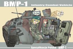  2girls armored_personnel_carrier armored_vehicle barking beret blonde_hair blue_eyes bmp-1 brown_hair camouflage canine caterpillar_tracks commentary_request english_text green_headwear grey_background ground_vehicle hat looking_at_animal looking_at_viewer may_(darkcore) military military_uniform military_vehicle multiple_girls open_door open_hatch original poland polish_flag polish_text radio_antenna soldier speech_bubble tan_background translated turret two-tone_background uniform vehicle_focus vehicle_interior 