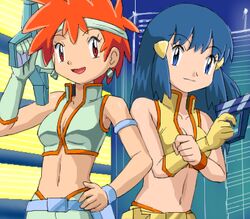  2girls 80s blue_eyes blue_hair breasts breasts cleavage cosplay crossover dawn dawn_(pokemon) dirty_pair ear_rings earrings gloves gun head_band headband jewelry kei_(dirty_pair) latex lowres multiple_girls nozomi_(pokemon) oldschool pokemoa pokemon red_eyes red_hair soara weapon yuri_(dirty_pair) zoey 